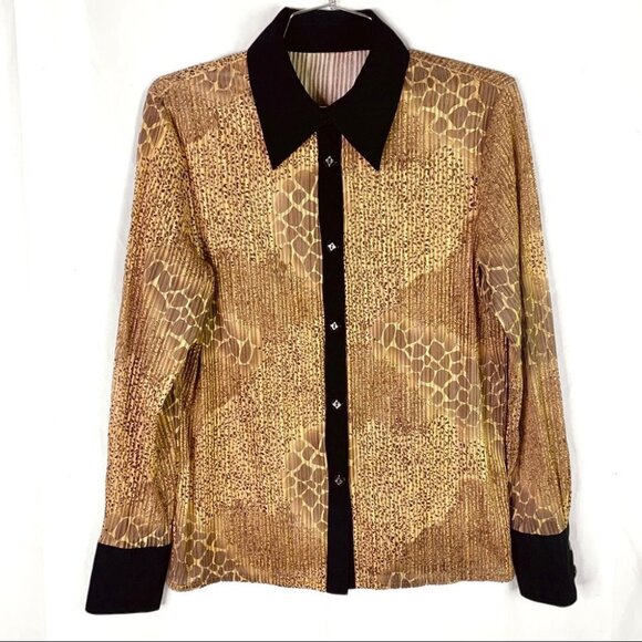 BUTTON DOWN SHIRT ANIMAL PRINT BROWN SHEER CHIFFON TOP LONG SLEEVE  BLOUSE SMALL - Picture 3 of 17